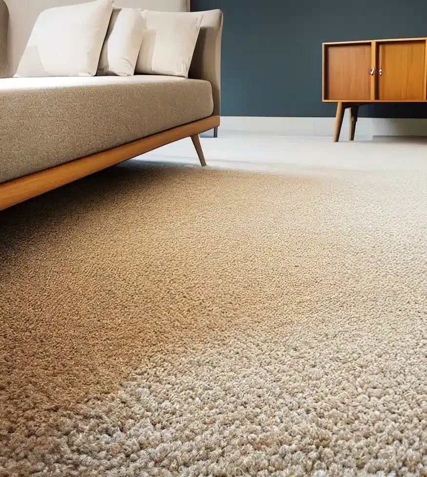 ground view of clean carpet with couch on the left and wooden furniture on the right.