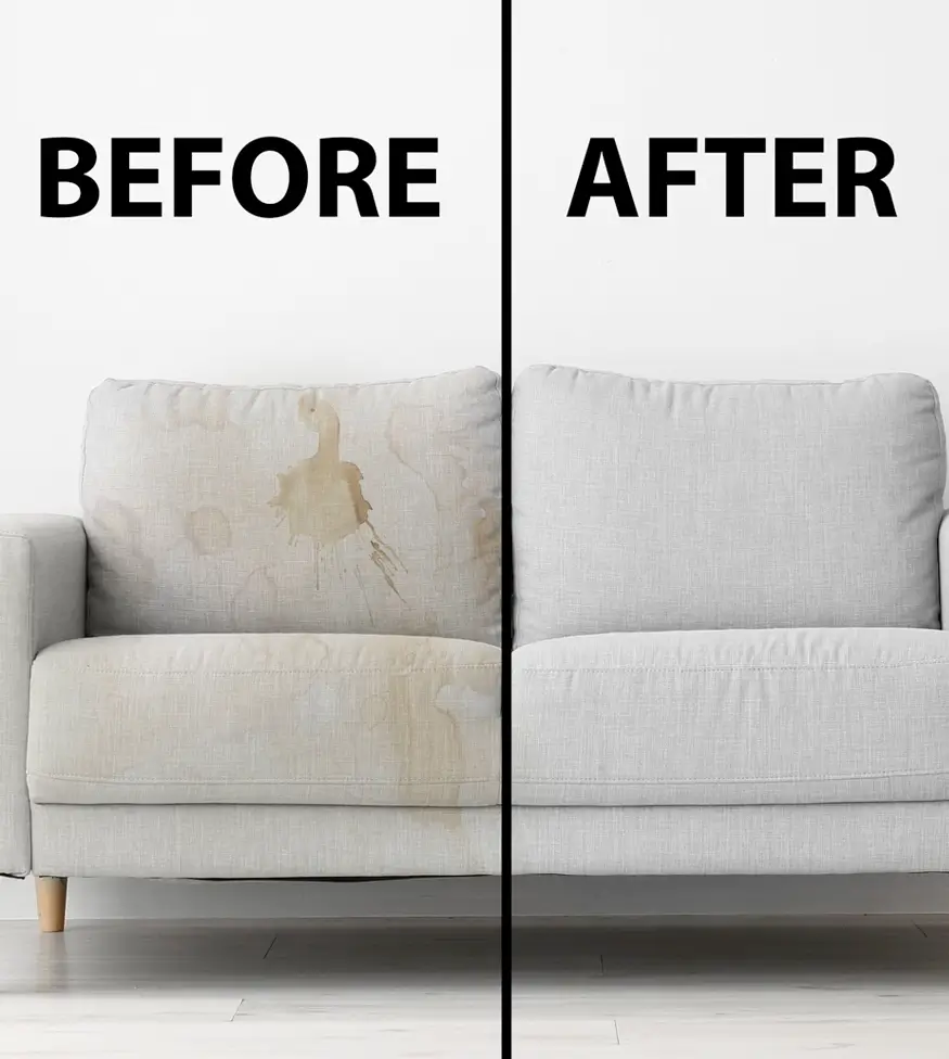 comparison of a dirt couch on the left and a clean couch on the right.